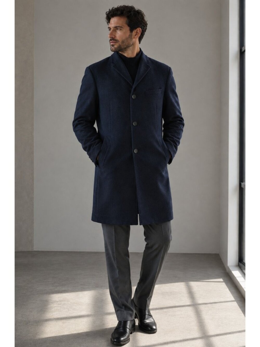 UNIQLO Men’s L Navy Wool Cashmere Chesterfield Long Overcoat
